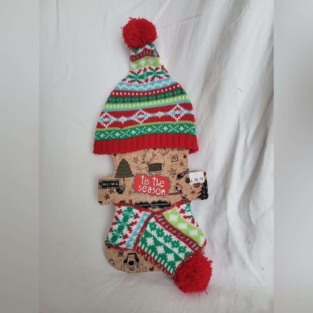 Festive Red and Green Knit Hat and Scarf Set for Dog, Size M/L Christmas